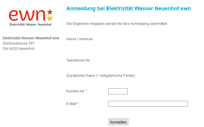 Ansicht Anmeldeformuar für eBill der ewn.